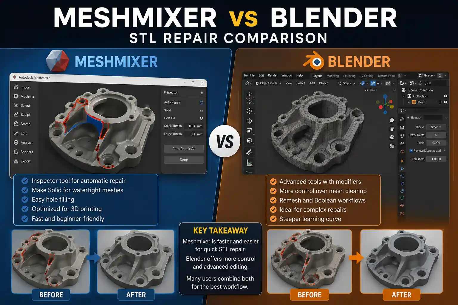 Meshmixer vs Blender STL repair comparison